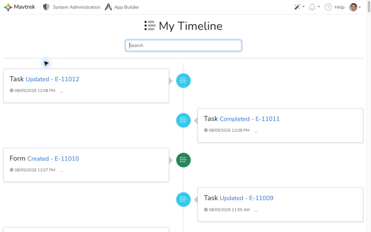 My Timeline page with search and recent activity